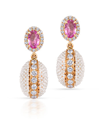 Pearl, Diamond and Pink sapphire earrings